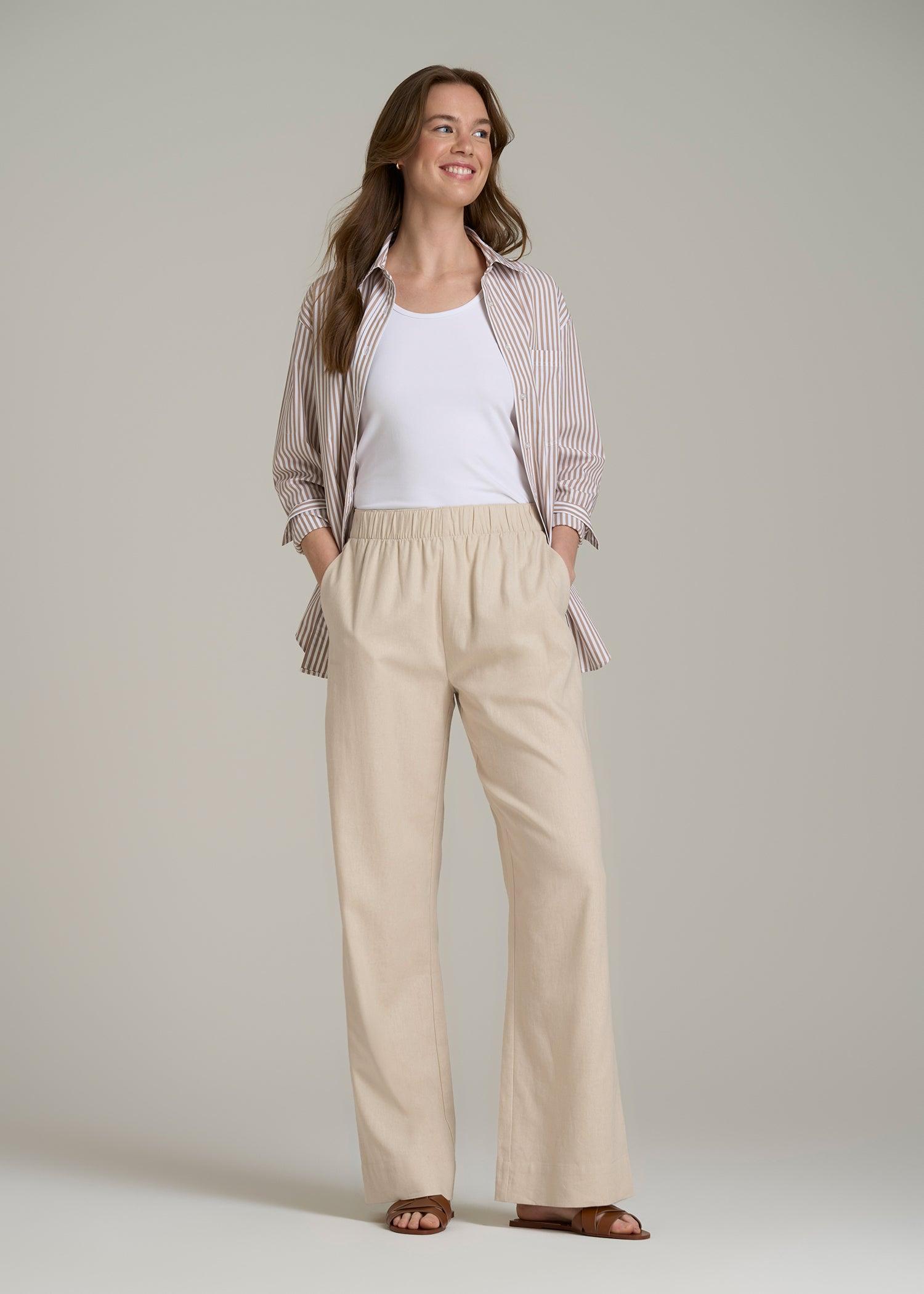 Pull On Wide Leg Linen Pants for Tall Women in Light Stone Female Product Image