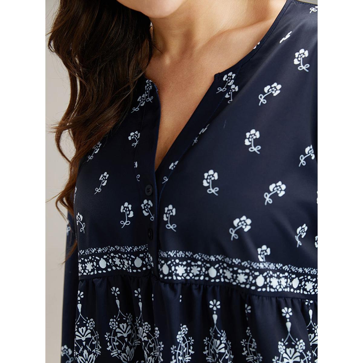 Plus Size Indigo Bandana Print Flutter Trim Blouse Women Resort Long Sleeve V-neck Vacation Blouses BloomChic 14-16/1X Product Image