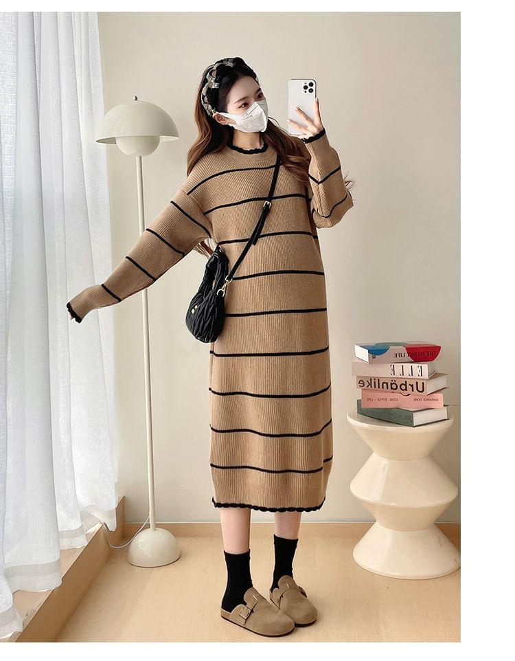 Maternity Long Sleeve Round Neck Striped Ribbed Midi Shift Sweater Dress Product Image