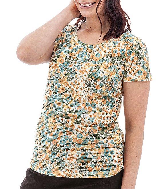 Aventura Charlie Organic Cotton Blend Floral Single Knit Jersey Scoop Neck Cap Sleeves Ruching Top Product Image