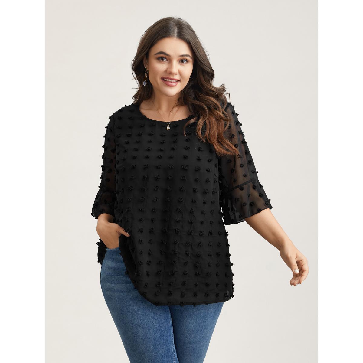 Plus Size Black Chiffon Polka Dot Round Neck Shirt Women Timeless Half Sleeve Round Neck Elegant Blouses BloomChic 30/6X Product Image