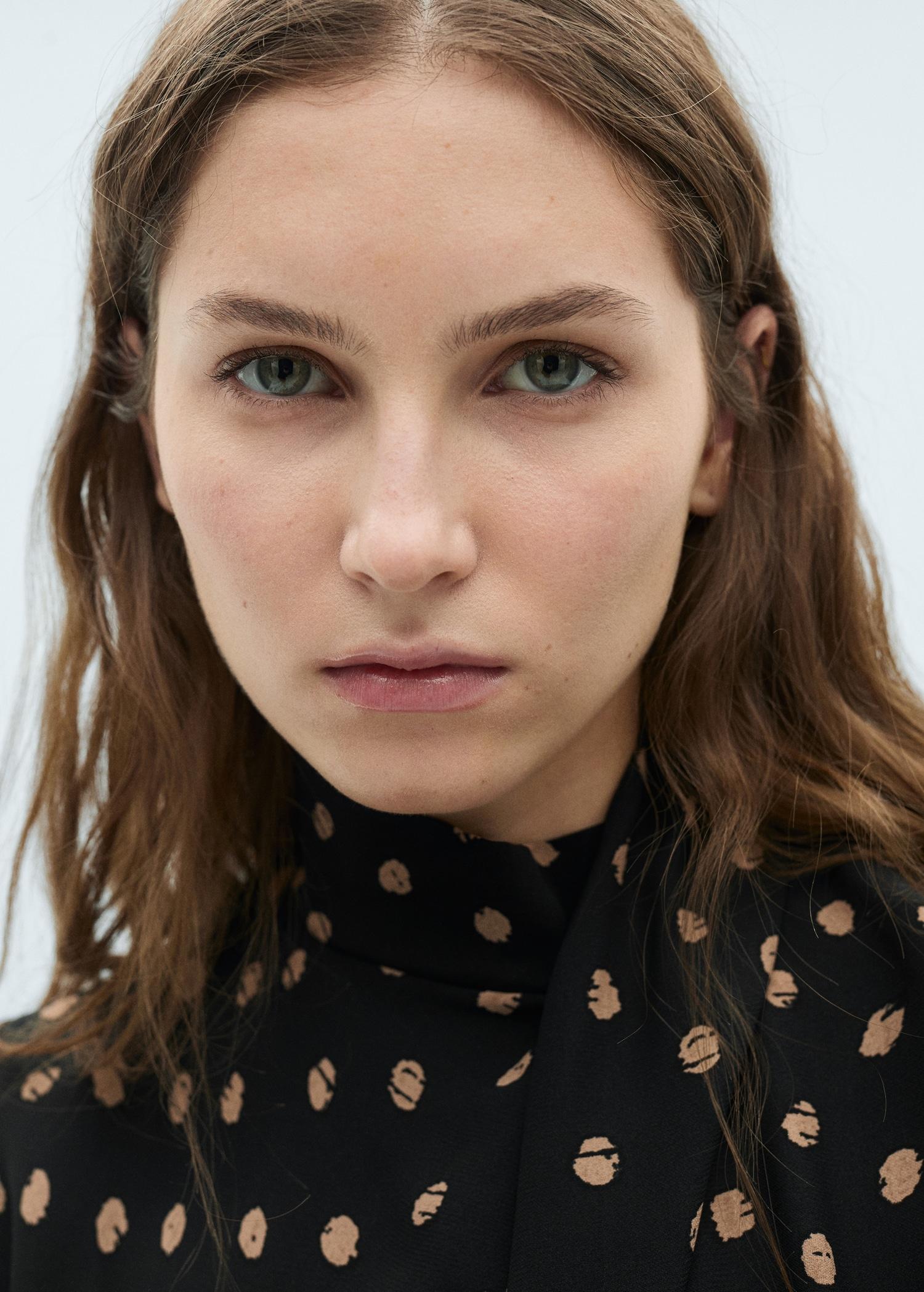 Polka-dot blouse with draped collar - Women | MANGO USA Product Image