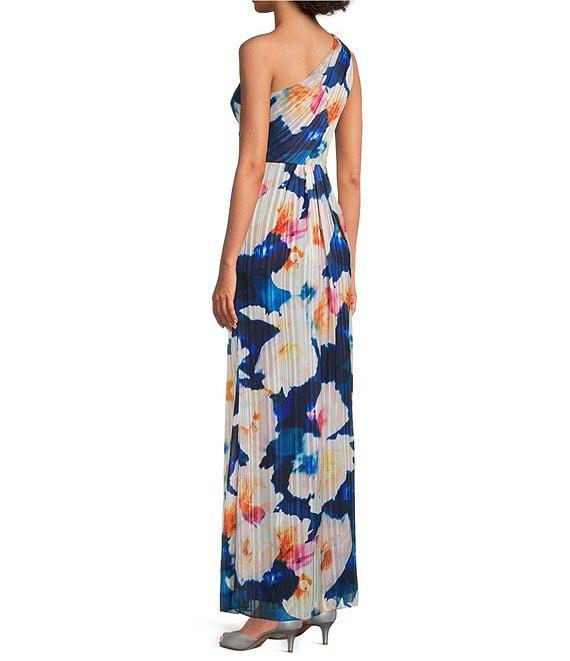 Adrianna Papell Floral Metallic Satin One Shoulder Sleeveless Twist Waist Gown Product Image