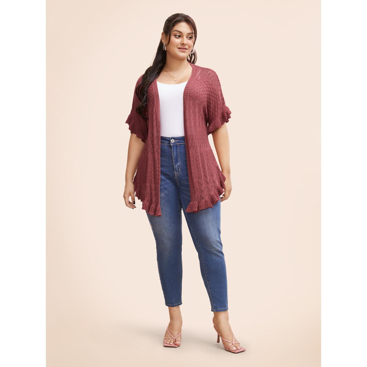 Plus Size Plain Ruffles Pointelle Knit Cardigan Russet Women Casual Loose Short sleeve Everyday Cardigans BloomChic 10/M Product Image