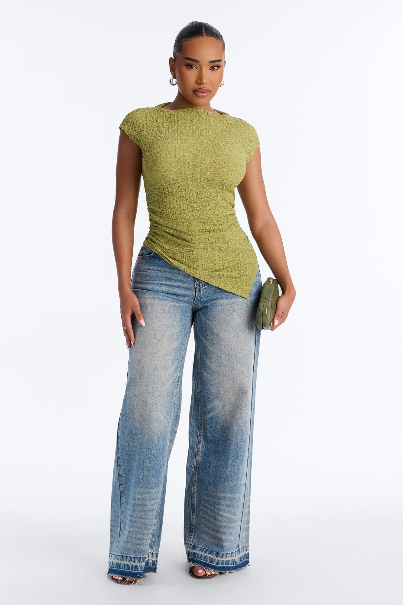 Isla Textured Mock Neck Asymmetrical Short Sleeve Top - Sage Female Product Image