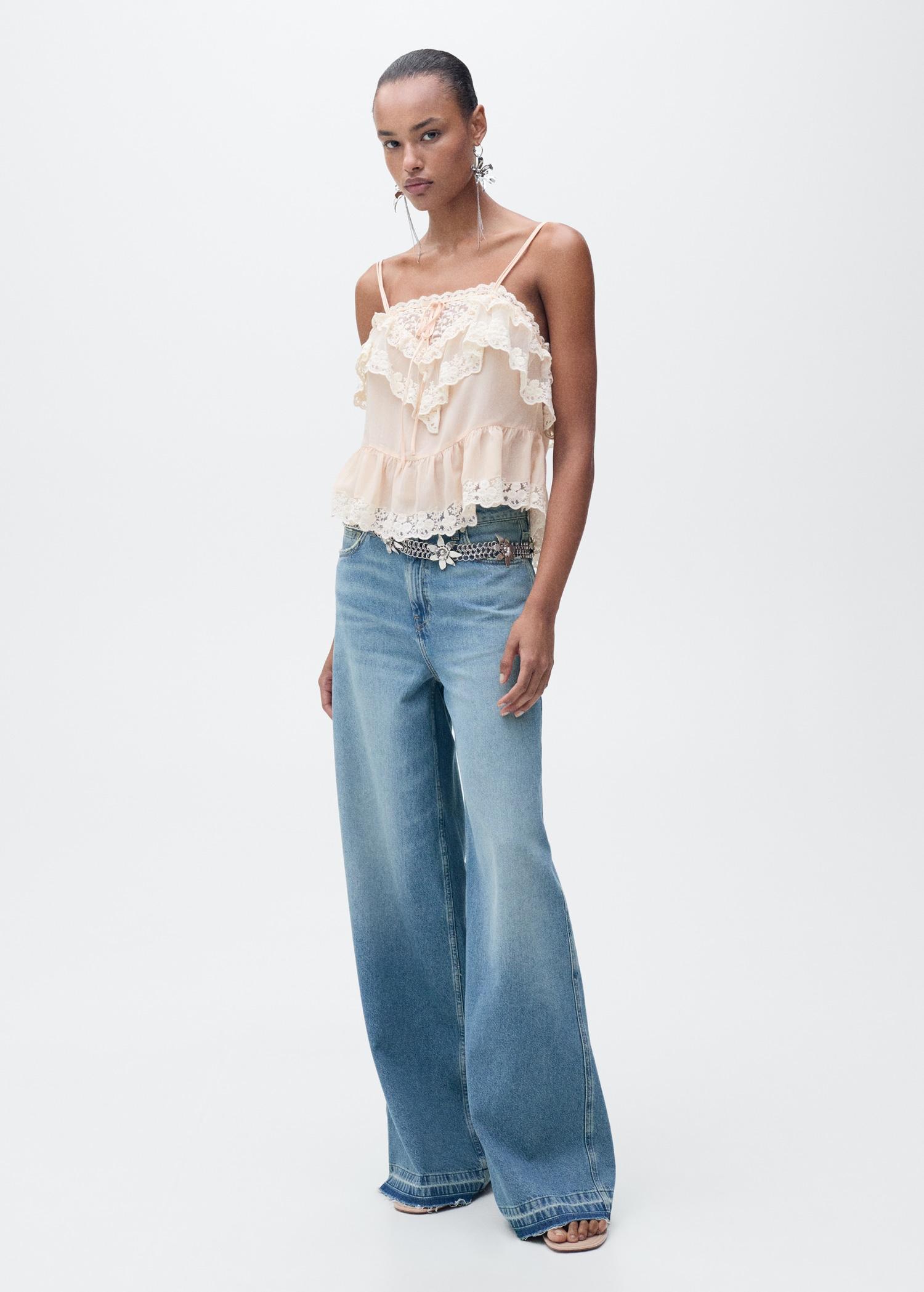 Wideleg low frayed hem jeans - Women | MANGO USA Product Image