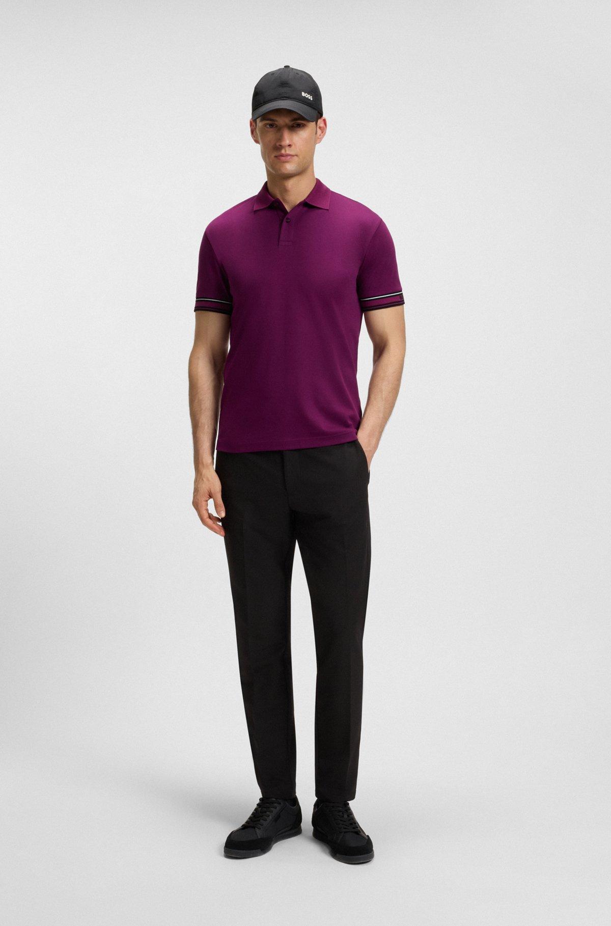BOSS - Slim-fit polo shirt in cotton with striped collar - Pink Product Image