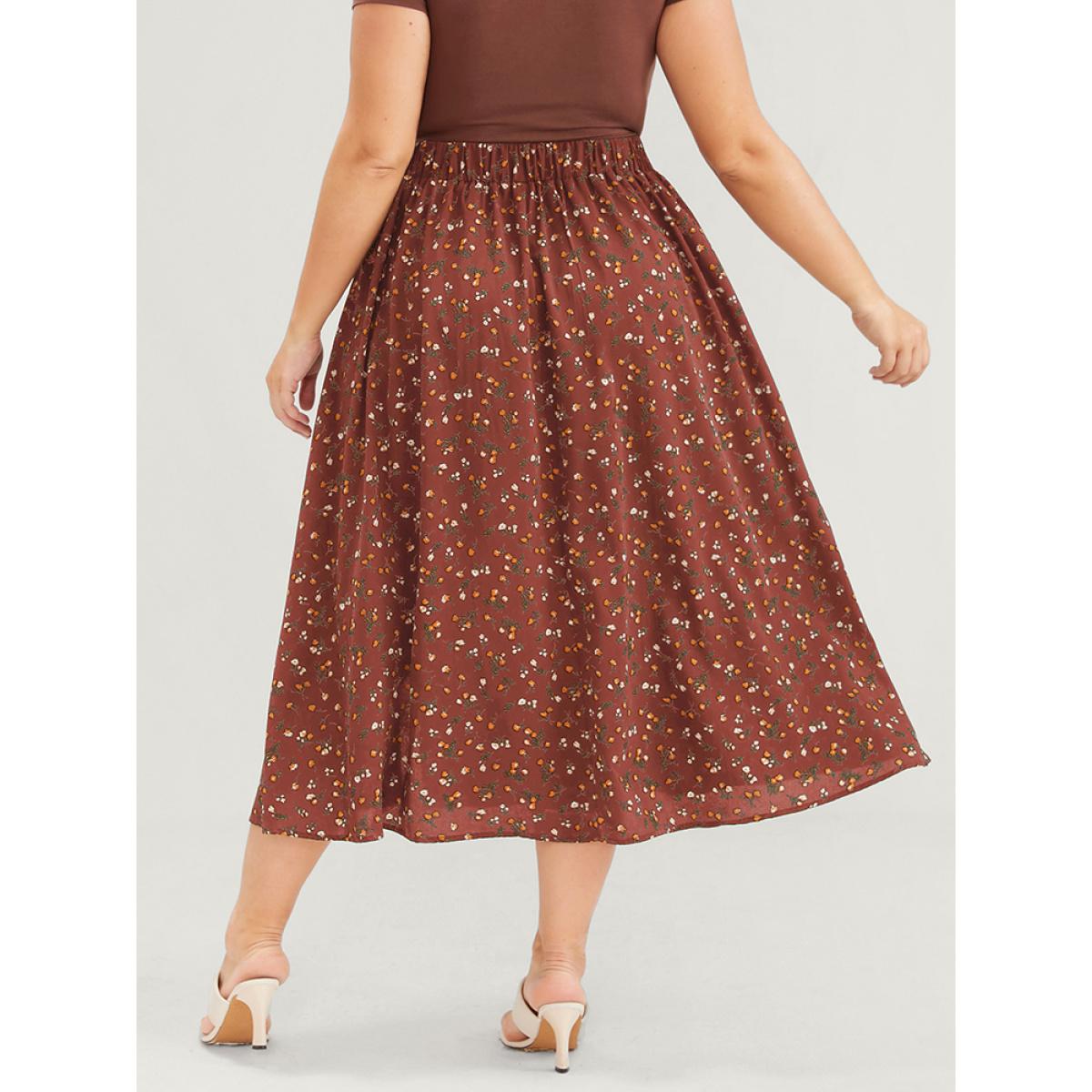 Plus Size Elastic Waist Ditsy Floral Split Skirt Women Chocolate Elegant Printed No stretch Dailywear Skirts BloomChic 10/M Product Image