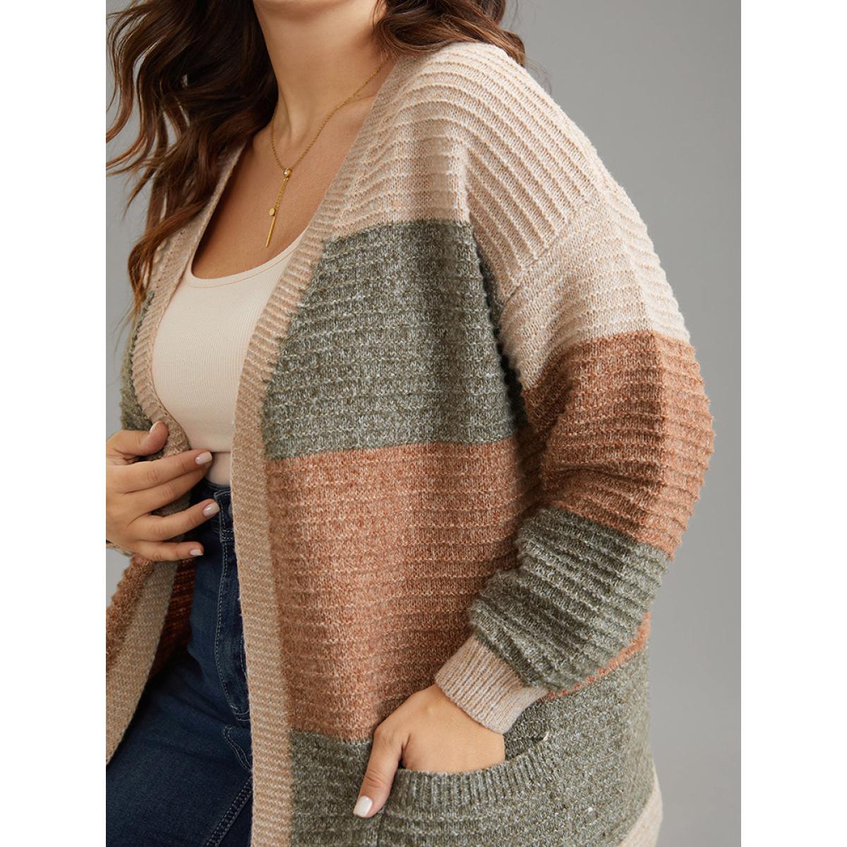 Plus Size Plisse Colorblock Patched Pocket Open Front Cardigan Multicolor Women Casual Loose Long Sleeve Dailywear Cardigans BloomChic 10/M Product Image