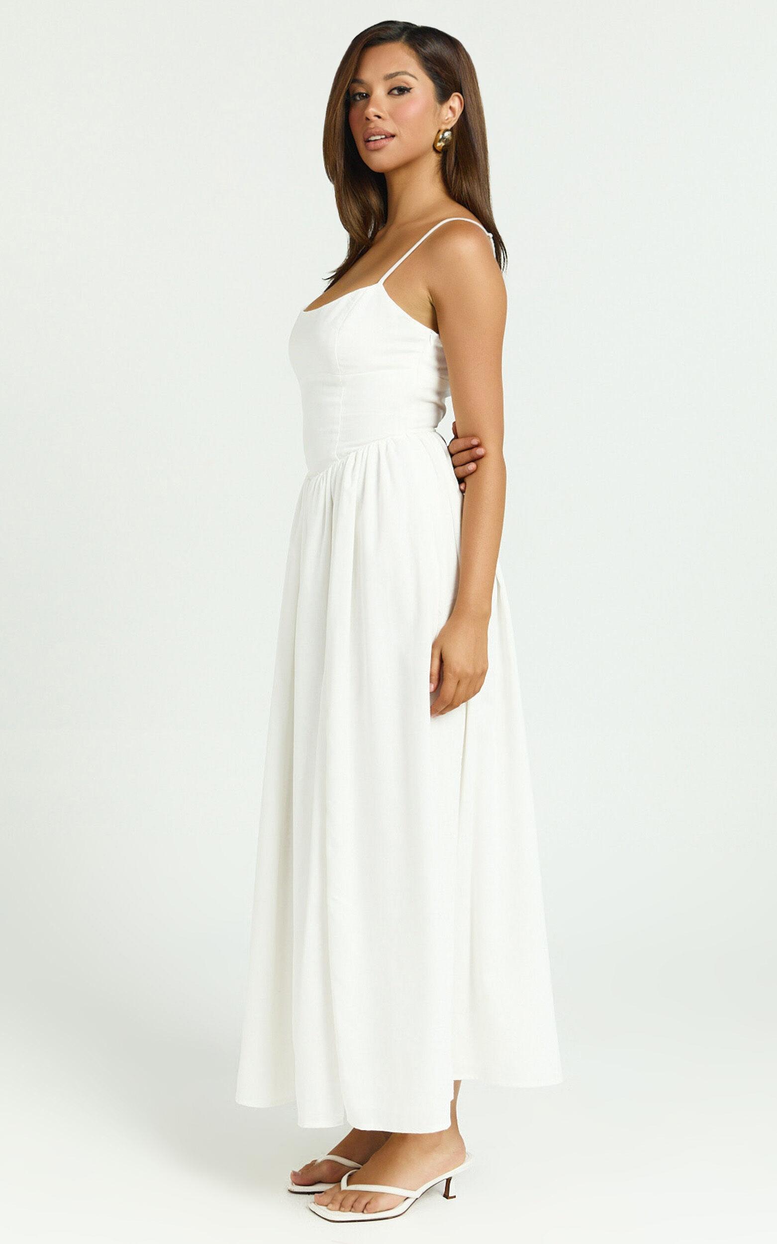 Morris Midi Dress - Linen Scoop Neck Gathered Dress in Off White Product Image