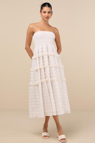 Beautiful Sentiments Ivory Floral Strapless Tiered Midi Dress Product Image