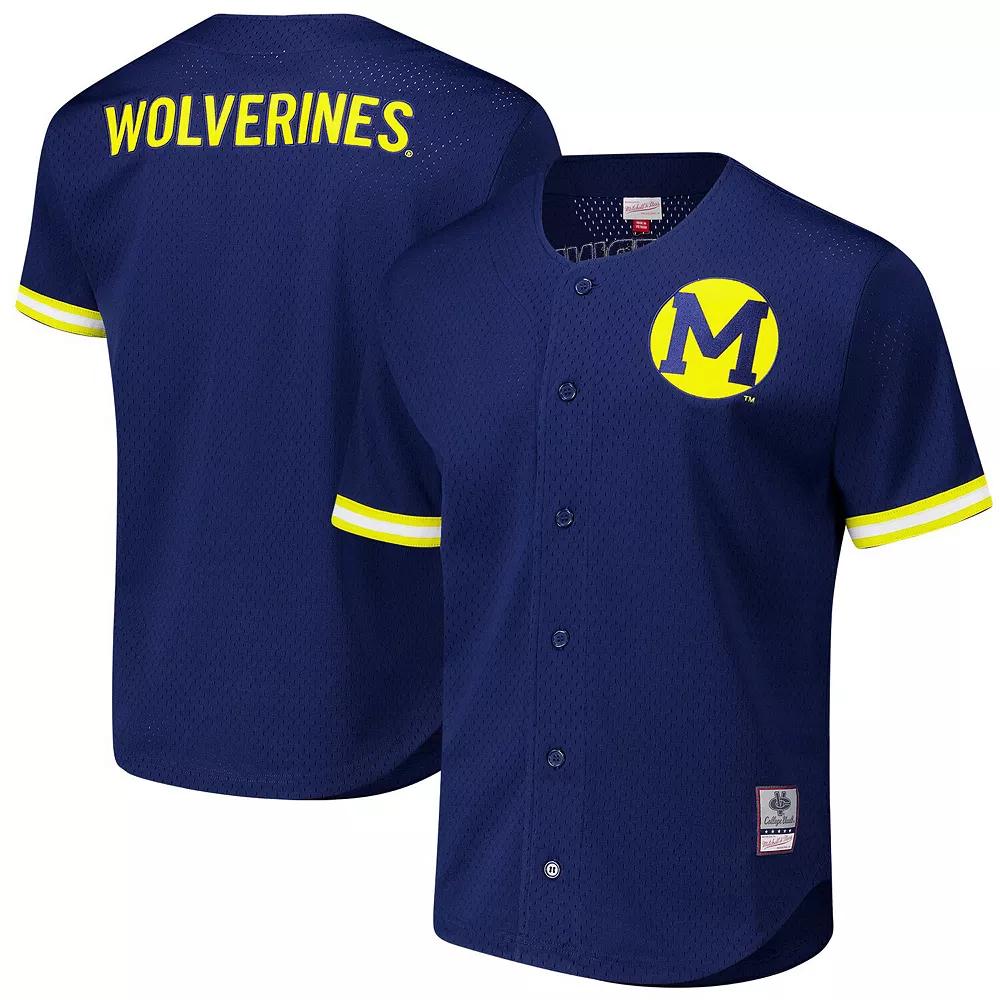 Men's Mitchell & Ness Navy Michigan Wolverines Game Time Vintage Mesh Button Front Top,  Product Image