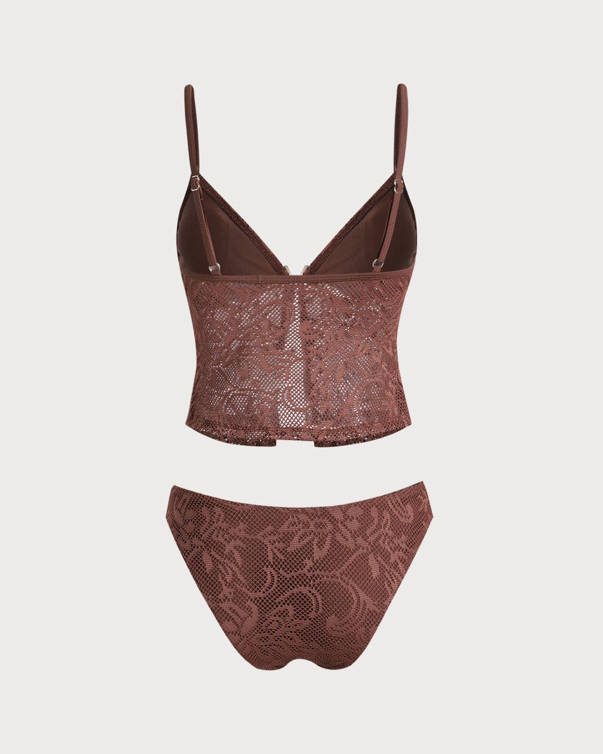 Brown Mesh Slit Tankini Swimsuit Product Image