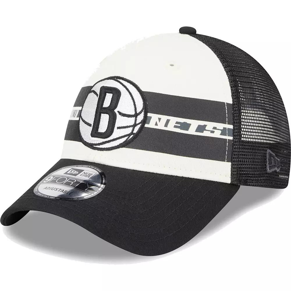 Men's New Era Brooklyn Nets Black Stripes 9FORTY Trucker Snapback Hat Product Image