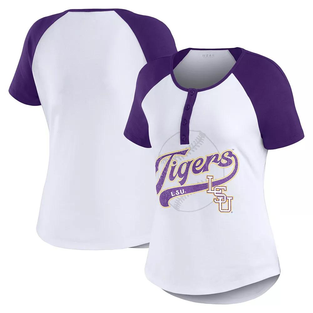 Women's WEAR by Erin Andrews White LSU Tigers Baseball Logo Raglan Henley T-Shirt, Size: Large Product Image