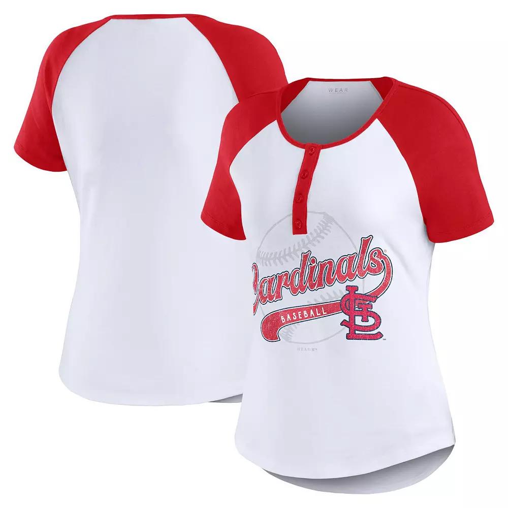 Women's WEAR by Erin Andrews White/Red St. Louis Cardinals Henley Raglan T-Shirt, Size: Small Product Image