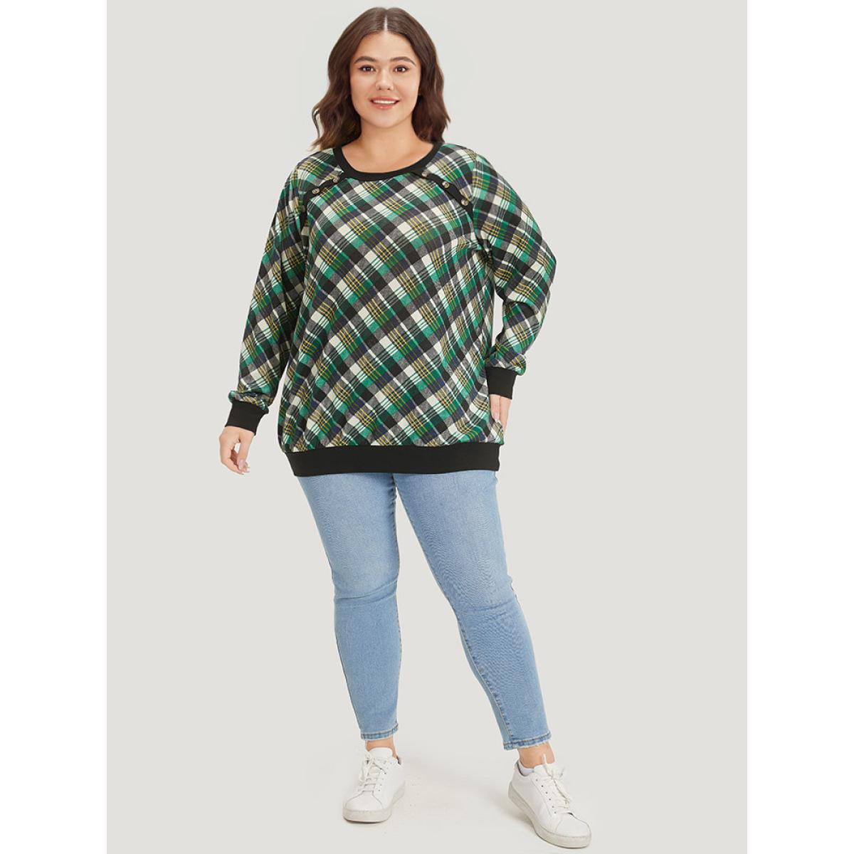 Plus Size Plaid Button Detail Elastic Cuffs Crew Neck Sweatshirt Women Green Casual Elastic cuffs Round Neck Dailywear Sweatshirts BloomChic 26/4X Product Image