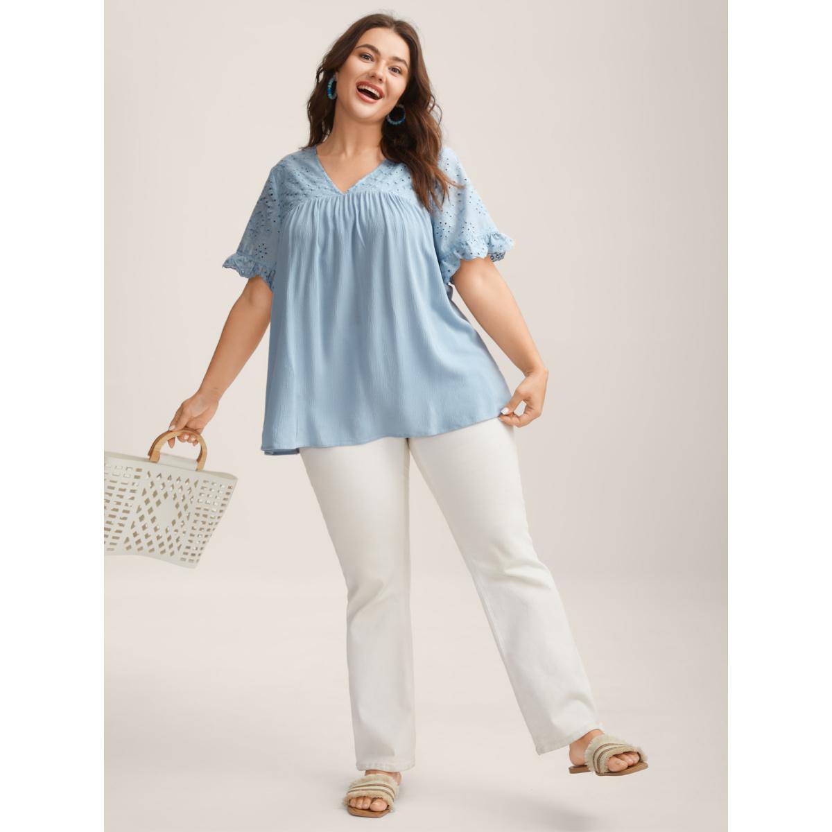 Plus Size LightBlue Rayon Eyelet Flowy Blouse Women Short sleeve V-neck Vacation Blouses BloomChic 18-20/2X Product Image