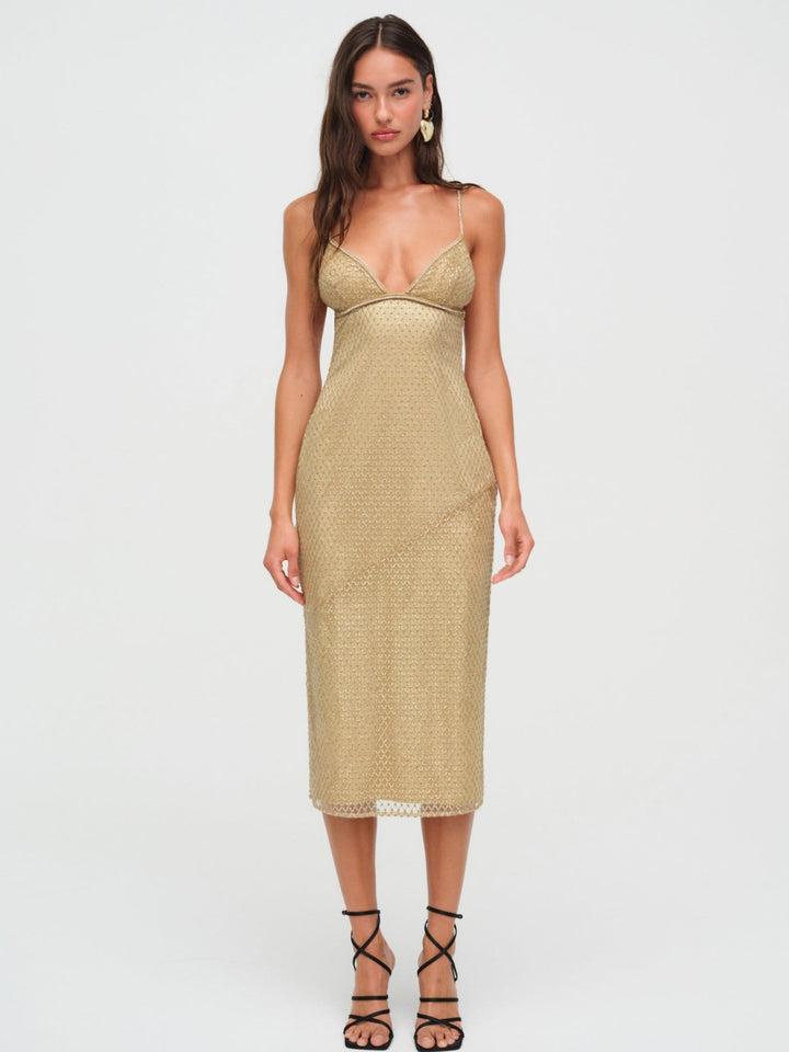 Glitter Grid Midi Dress — Gold Product Image