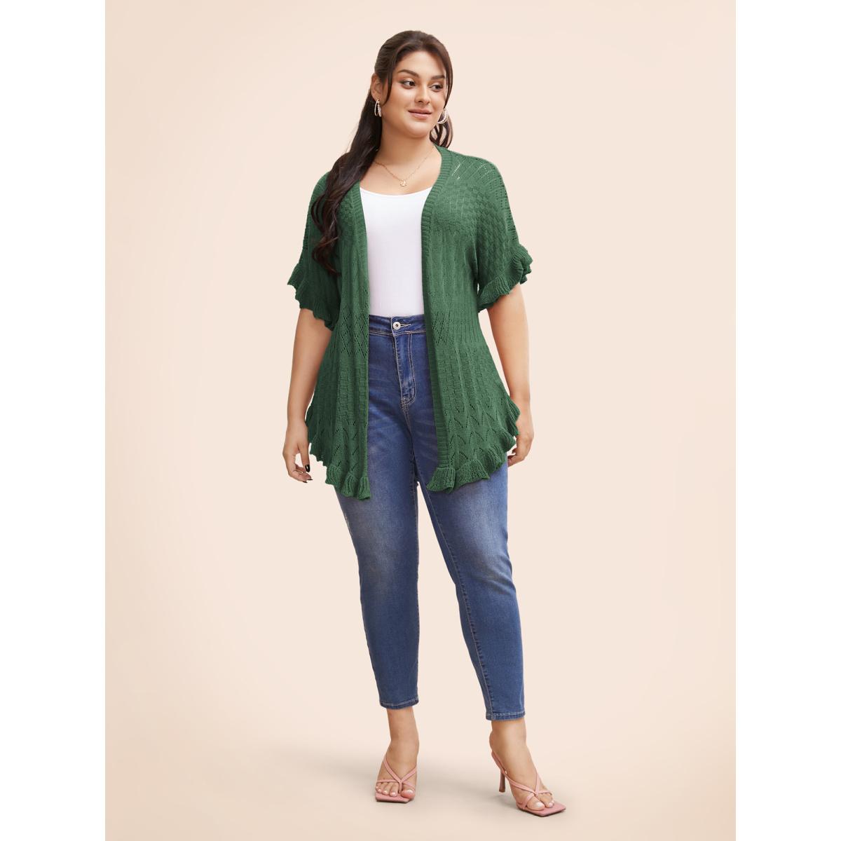 Plus Size Plain Ruffles Pointelle Knit Cardigan DarkGreen Women Casual Loose Short sleeve Everyday Cardigans BloomChic 26/4X Product Image