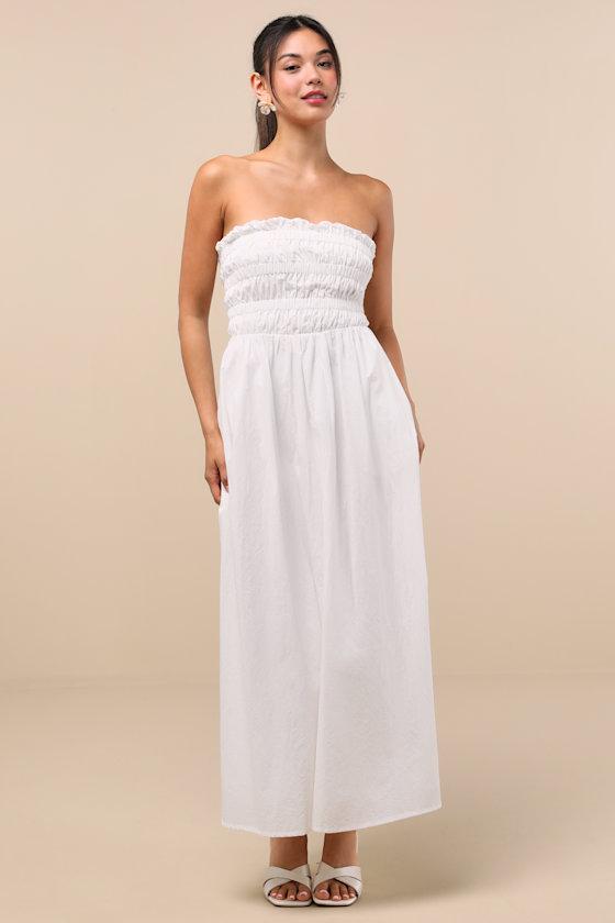 Ania White Strapless Smocked Midi Dress Product Image