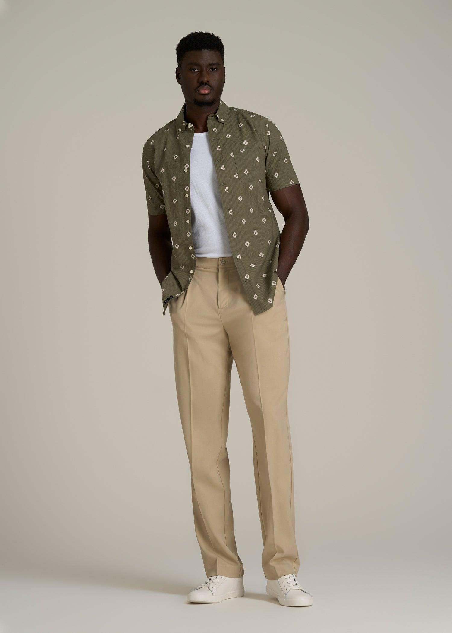 Relaxed Pleated Trousers for Tall Men in Light Khaki Male Product Image