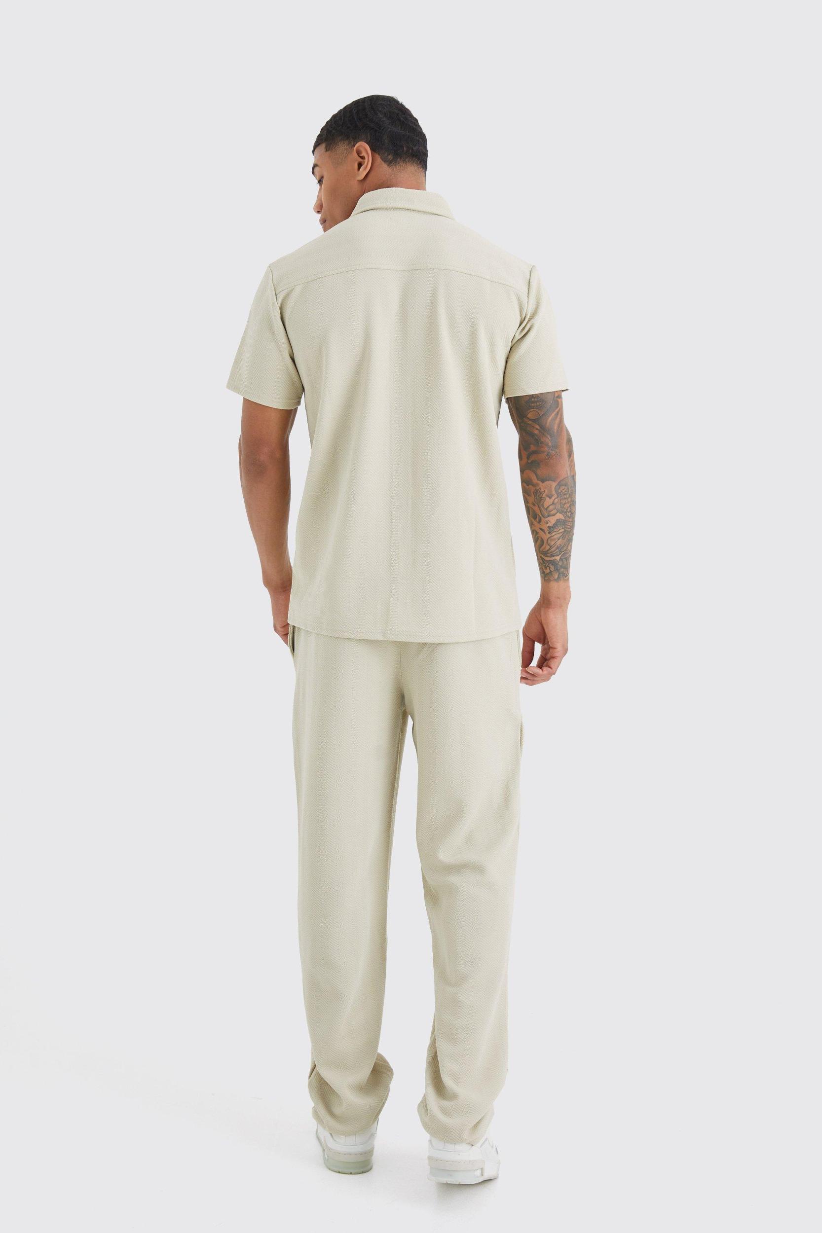Short Sleeve Jersey Herringbone Shirt And Pants Set | boohooMAN USA Product Image