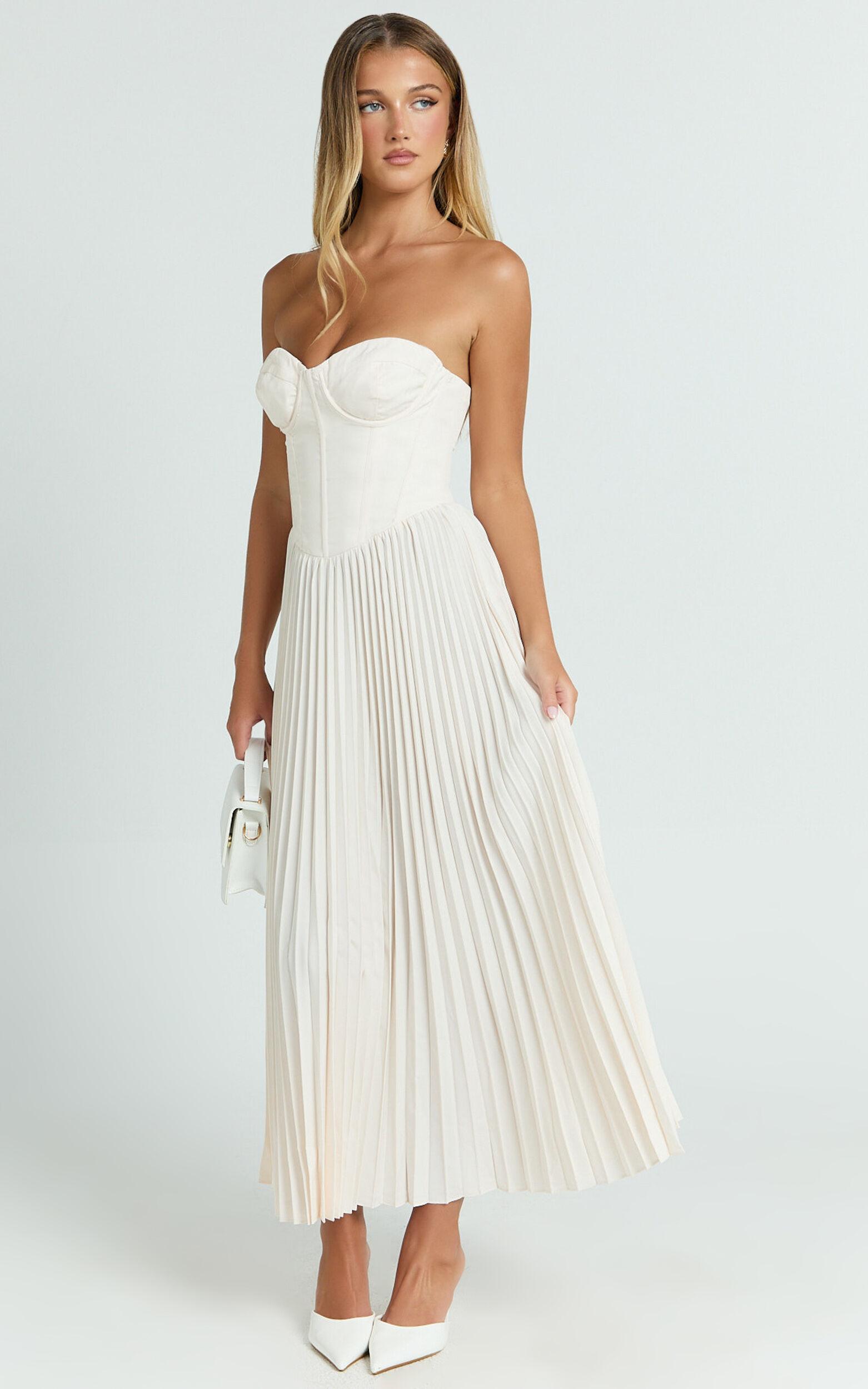 Loretta Midi Dress - Lace Up Back Bustier Pleated Dress in Cream Product Image