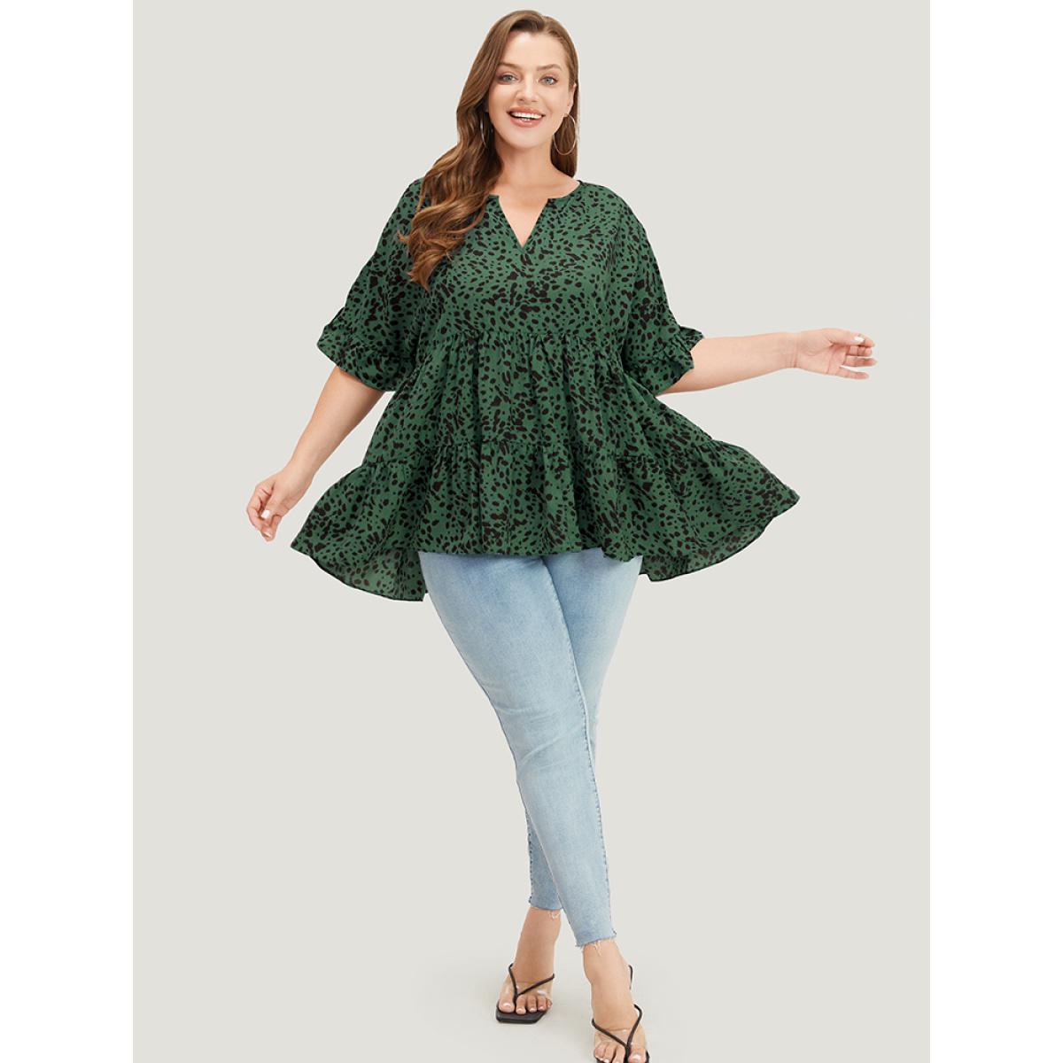 Plus Size Emerald Leopard Tiered Hem Notched Ruffle Sleeve Blouse Women Elegant Half Sleeve Notched collar Dailywear Blouses BloomChic 10/M Product Image