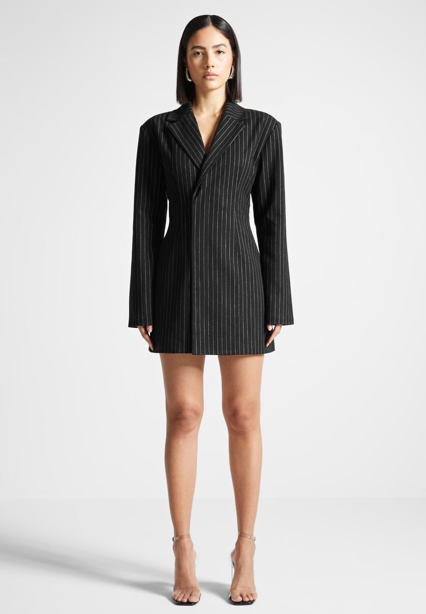 Pinstripe Blazer Dress with Reversible Corset - Black Female Product Image