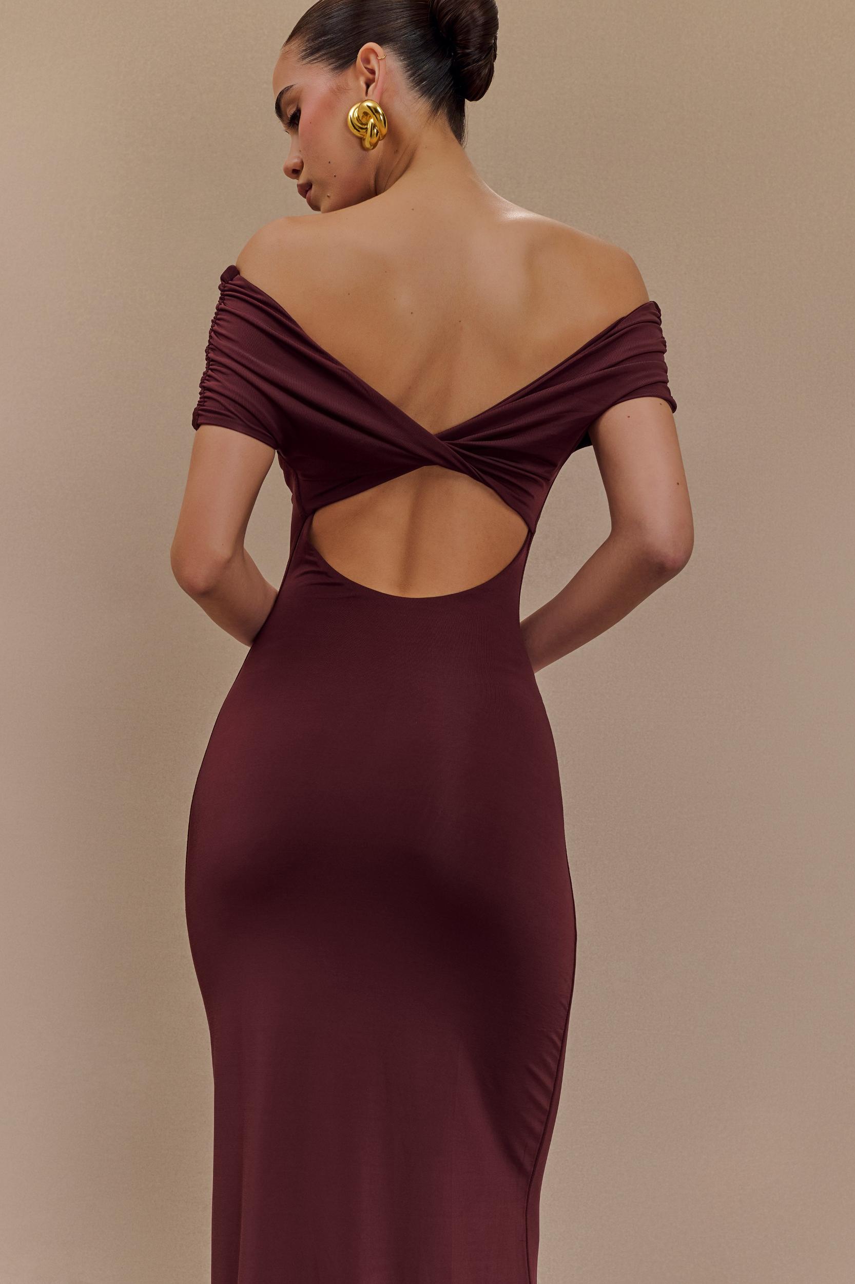 Imogen Off Shoulder Slinky Maxi Dress - Mahogany Product Image