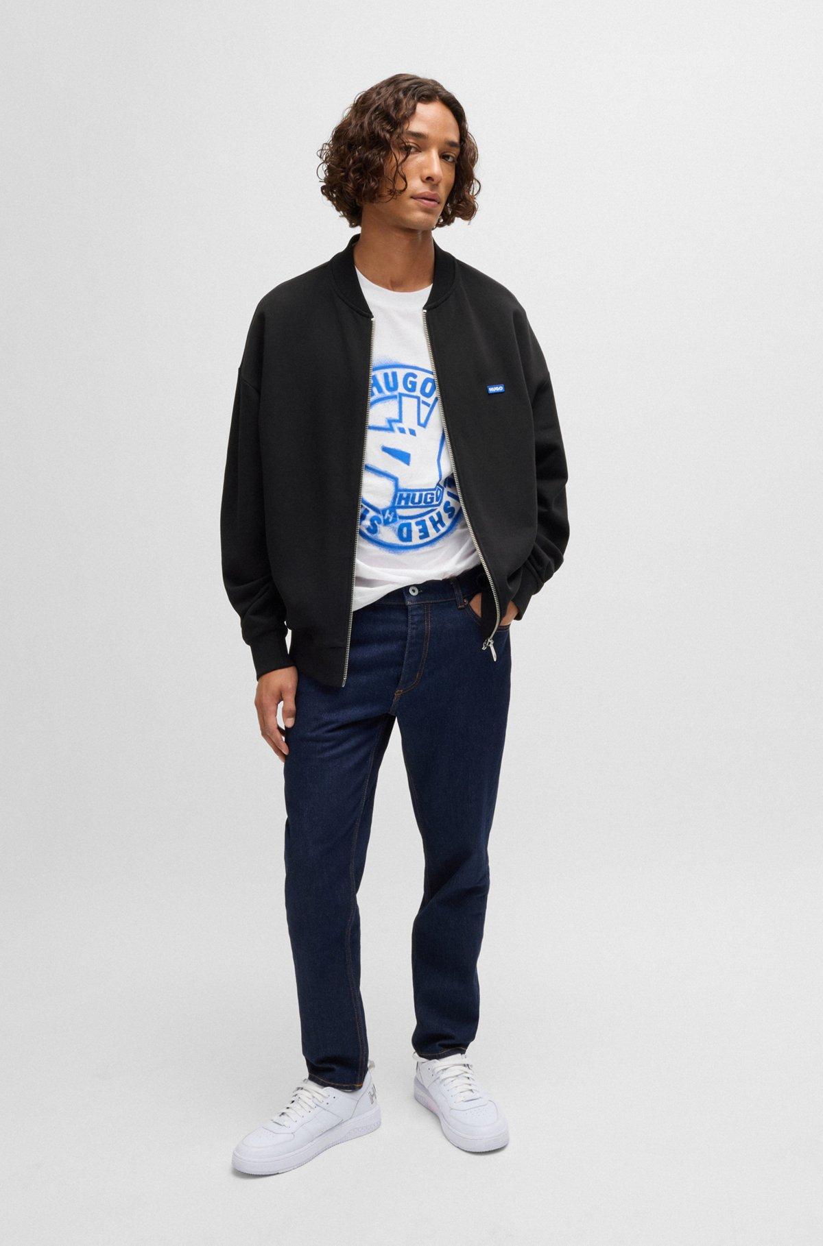 Cotton-terry zip-up sweatshirt with blue logo label Product Image