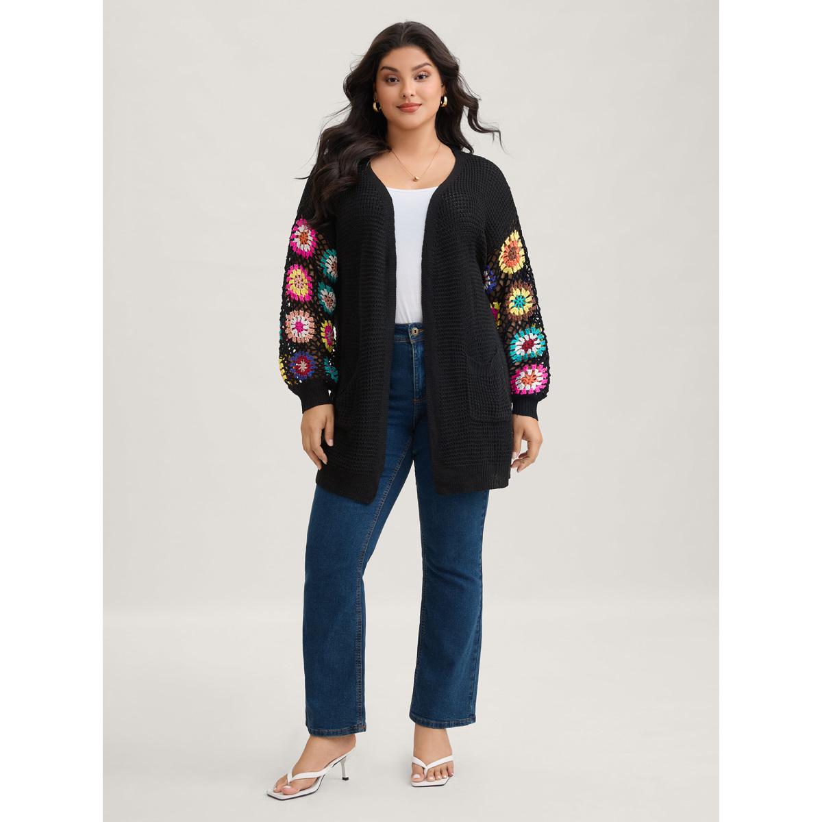 Plus Size Crochet Floral Drop Shoulder Cut Out Cardigan Black Women Playful Loose Long Sleeve Casual Cardigans BloomChic 28/5X Product Image
