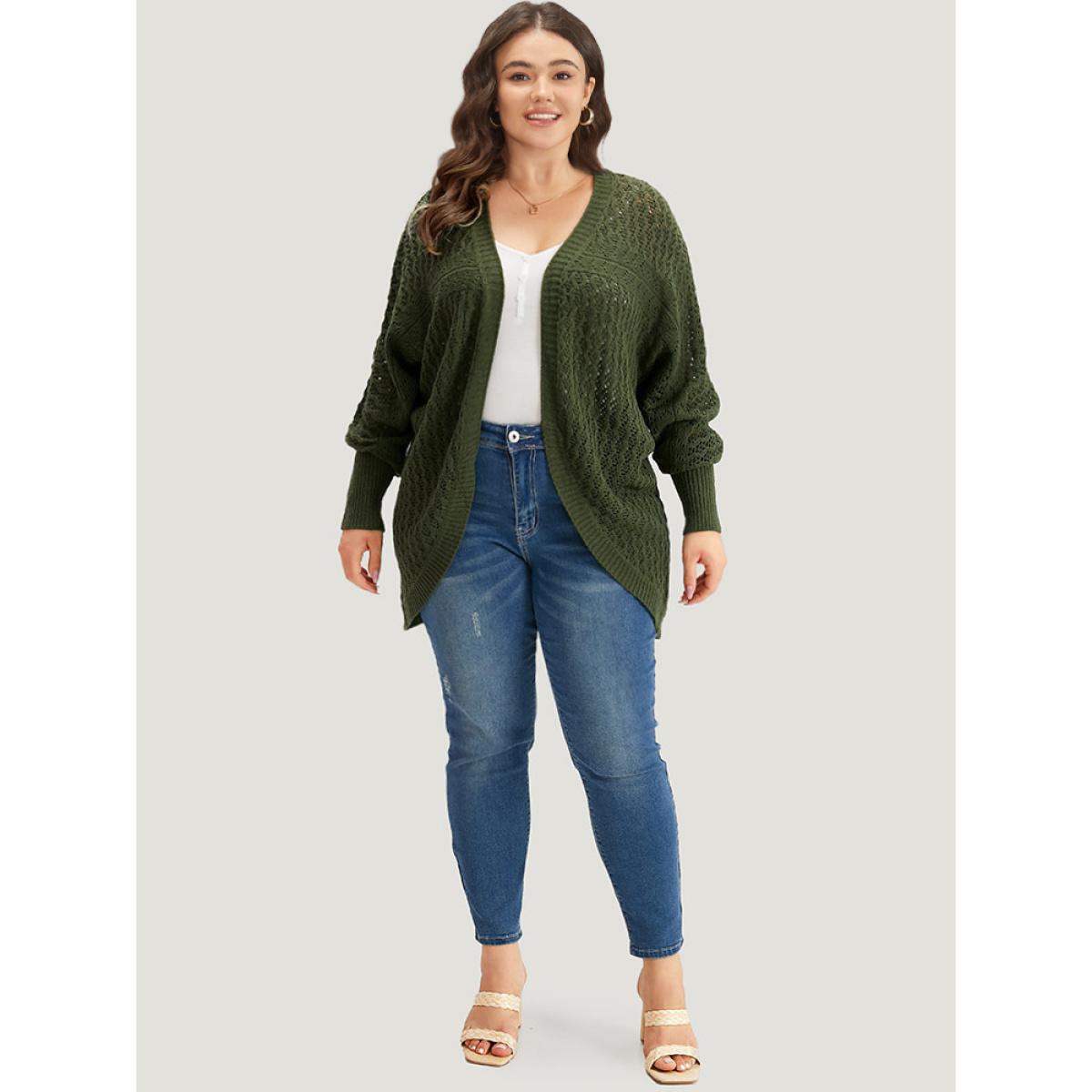 Plus Size Solid Batwing Sleeve Curved Hem Cardigan Indigo Women Casual Loose Long Sleeve Everyday Cardigans BloomChic 12/L Product Image