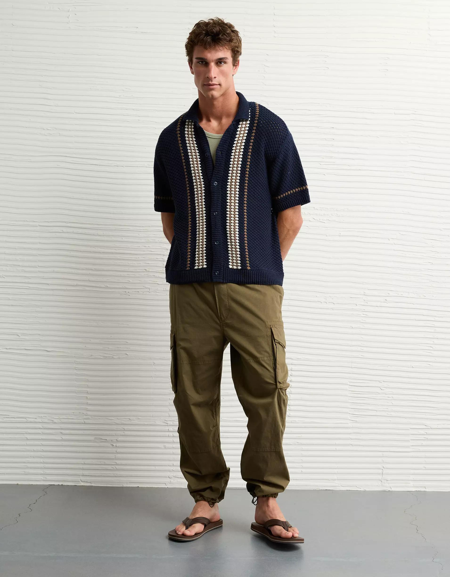 AE Weekend Crochet Button-Up Sweater Polo Shirt Product Image