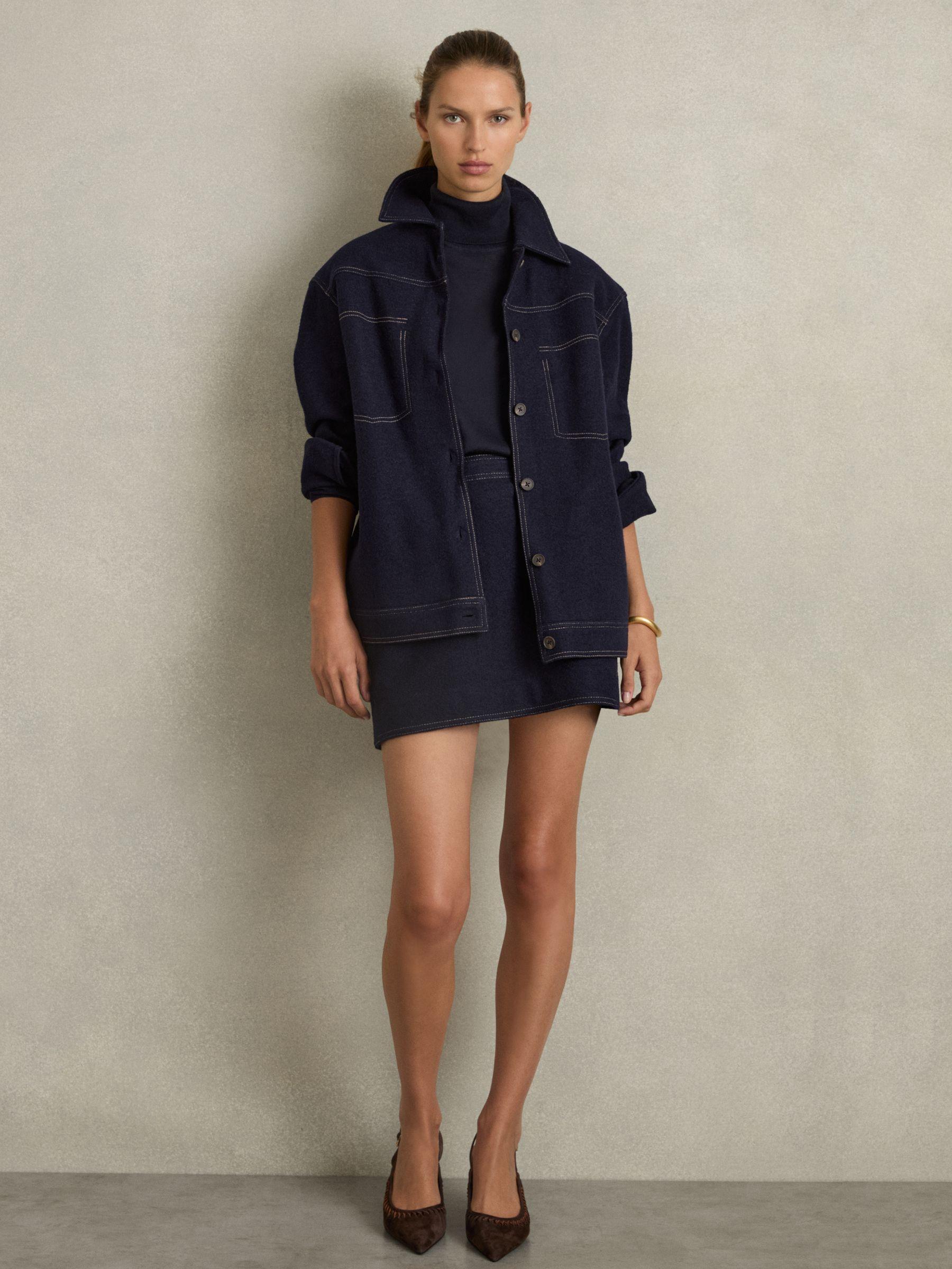 Wool-Blend Topstitch Woven Shirt in Navy Product Image