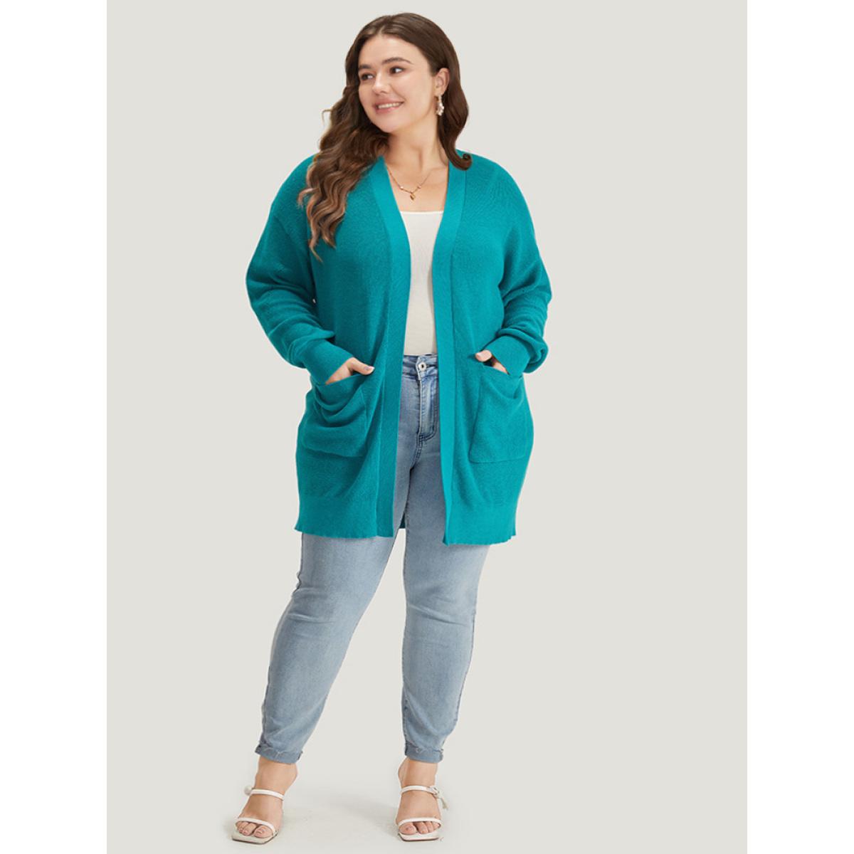 Plus Size Solid Open Front Patched Pocket Cardigan Emerald Women Casual Loose Long Sleeve Dailywear Cardigans BloomChic 12/L Product Image