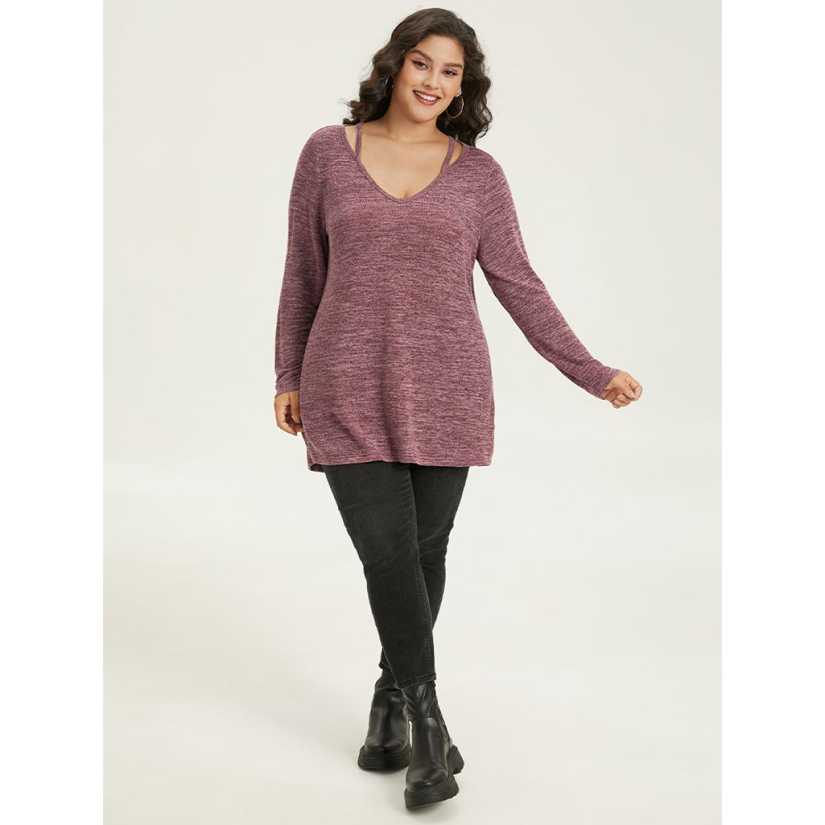 Plus Size Solid Heather V Neck Cut Out T-shirt Burgundy Women Casual Heather Plain V-neck Everyday T-shirts BloomChic 18-20/2X Product Image