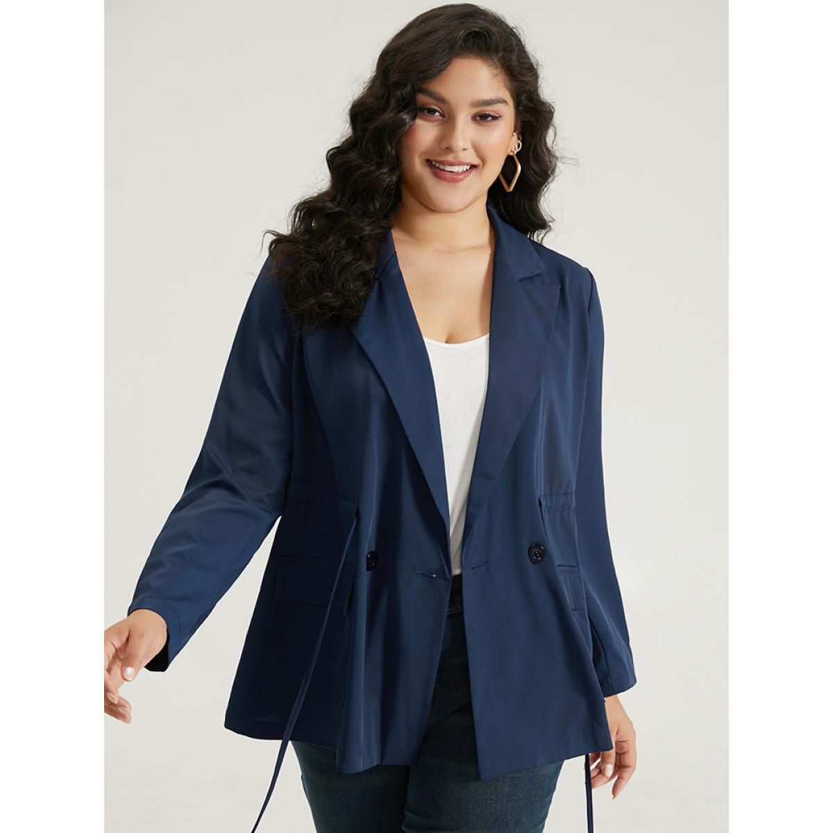 Plus Size Button Up Drawstring Pocket Blazer Indigo Women Office Plain Plain Sleeve Long Sleeve Lapel Collar 26/4X Pocket At the Office Blazers BloomChic Product Image