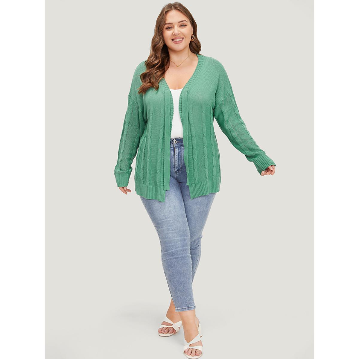 Plus Size Solid Ties Front Cable Knit Cardigan Green Women Casual Long Sleeve Dailywear Cardigans BloomChic 10/M Product Image