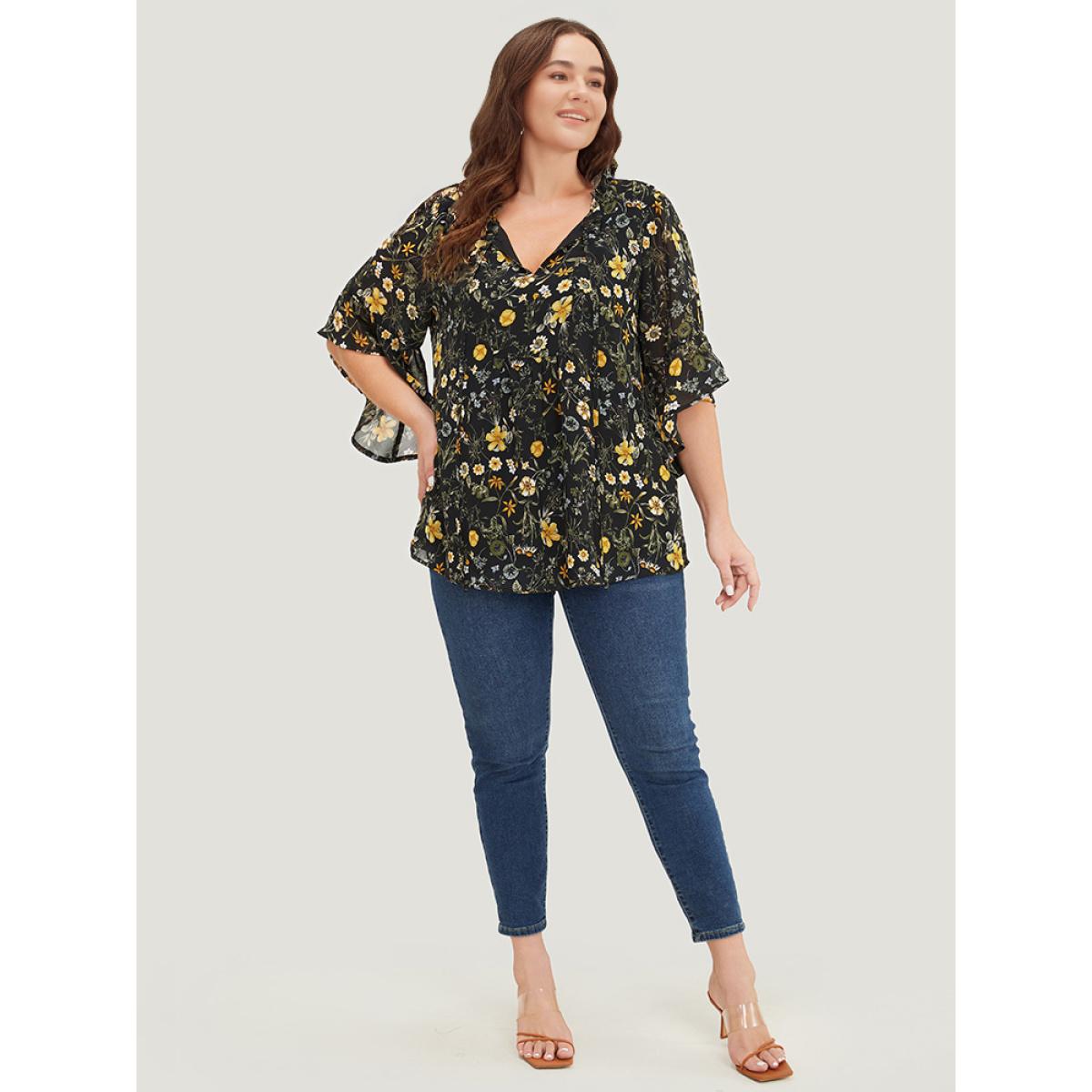 Plus Size Black Floral Tie Neck Frill Trim Bell Sleeve Blouse Women Elegant Half Sleeve Tie Neck Dailywear Blouses BloomChic 18-20/2X Product Image