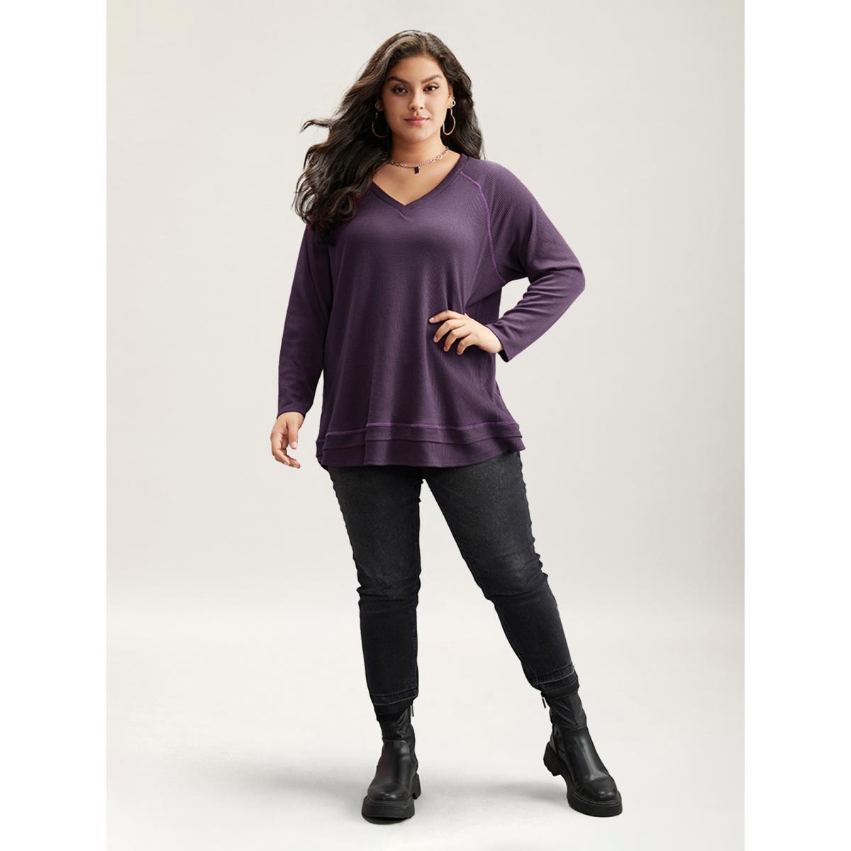 Plus Size Plain Textured Stitch Raglan Sleeve Sweatshirt Women Eggplant Leisure Plain V-neck Casual Sweatshirts BloomChic 14-16/1X Product Image