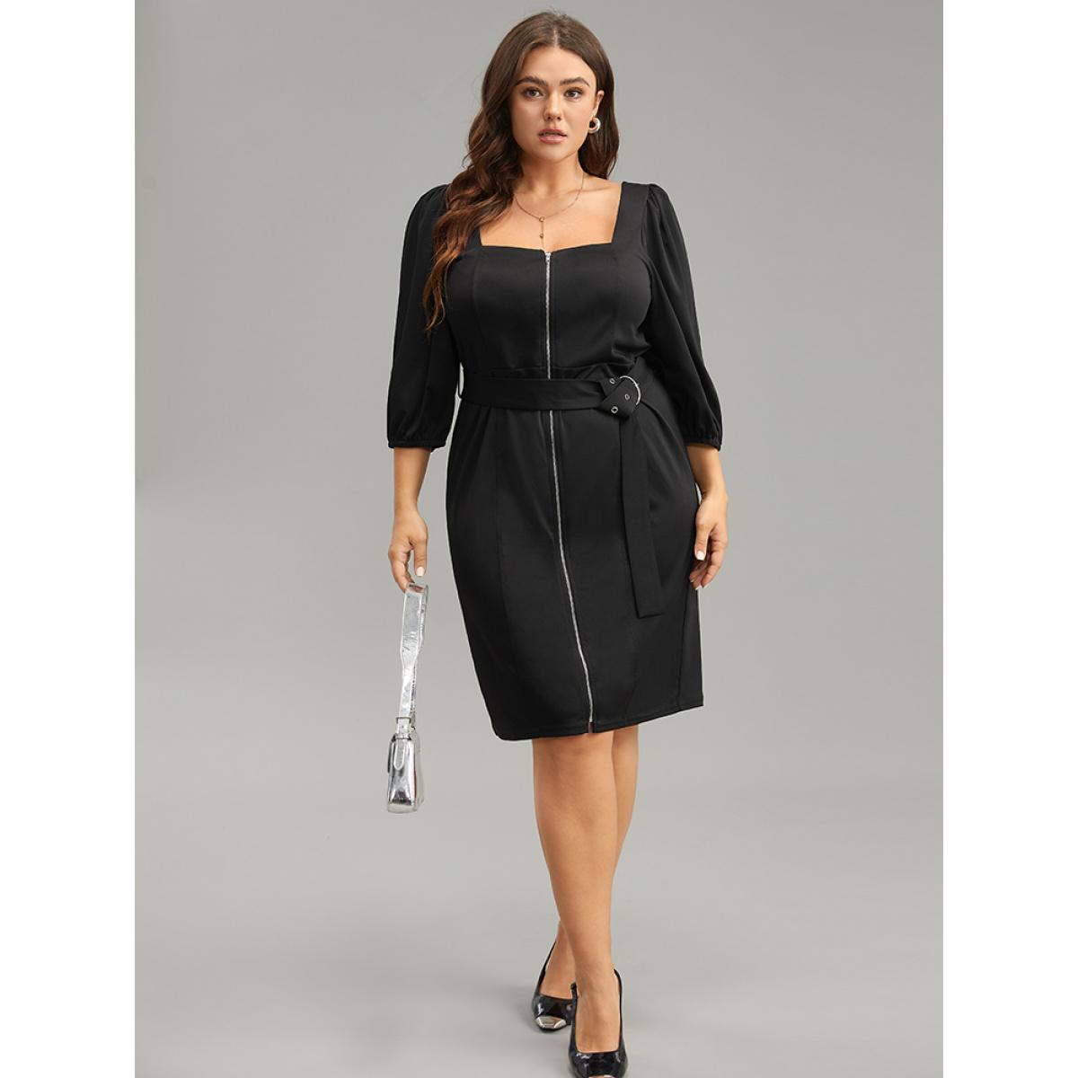 Plus Size Plain Square Neck Belted Metal Detail Zipper Dress Black Women Office Plain Square Neck Elbow-length sleeve Curvy Knee Dress BloomChic 28/5X Product Image
