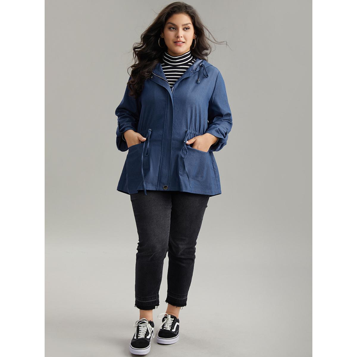 Plus Size Solid Drawstring Knot Zipper Windbreaker Women Indigo Plain Pocket Everyday Jackets BloomChic 12/L Product Image
