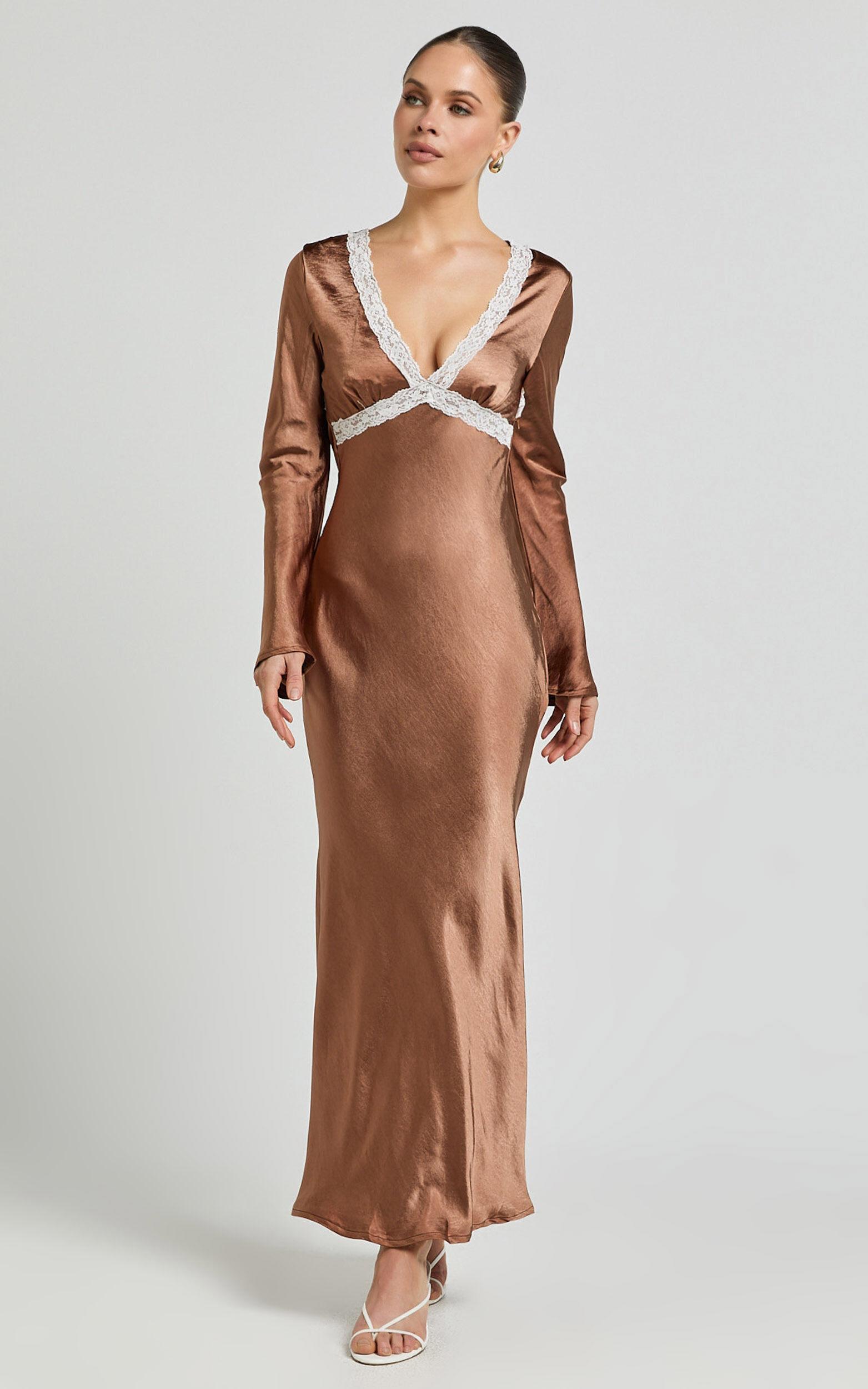 Carmela Midi Dress - Long Sleeve V Neck Lace Detail Dress in Chocolate Product Image
