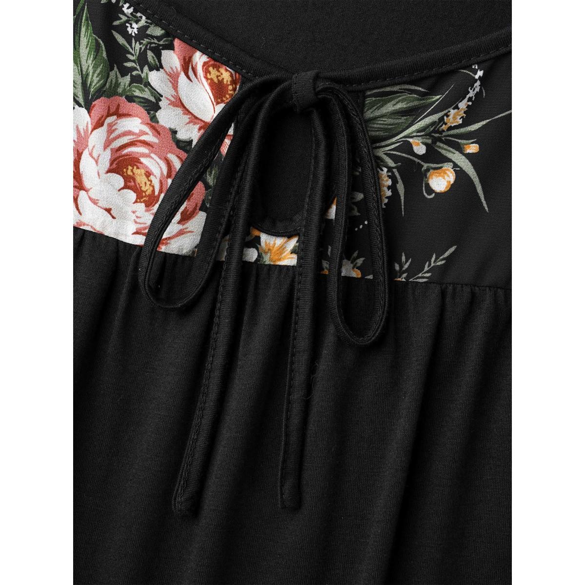 Plus Size Floral Print Spliced Neck-Tie T-Shirt Black Women Elegant Tie knot Natural Flowers Round Neck Everyday T-shirts BloomChic 12/L Product Image