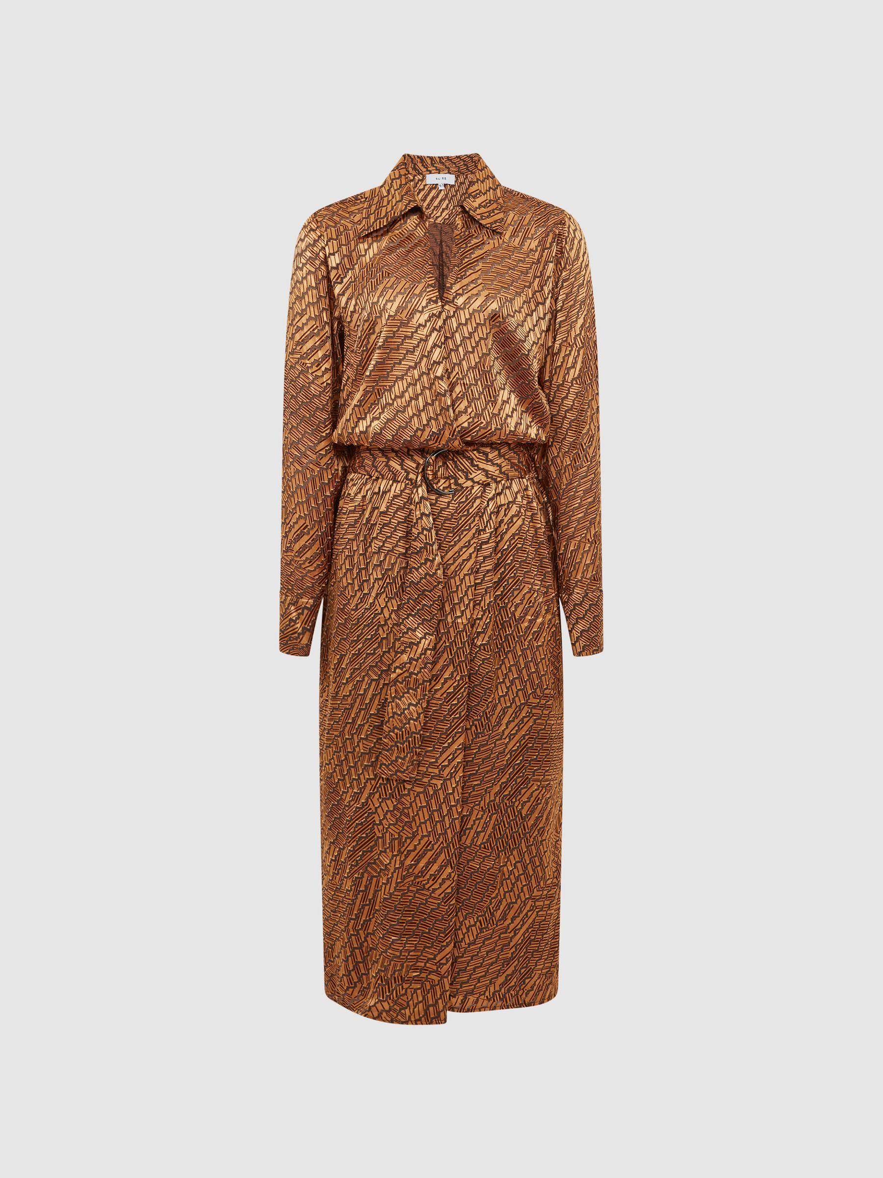 Devoure Print Belted Midi Dress in Bronze Product Image