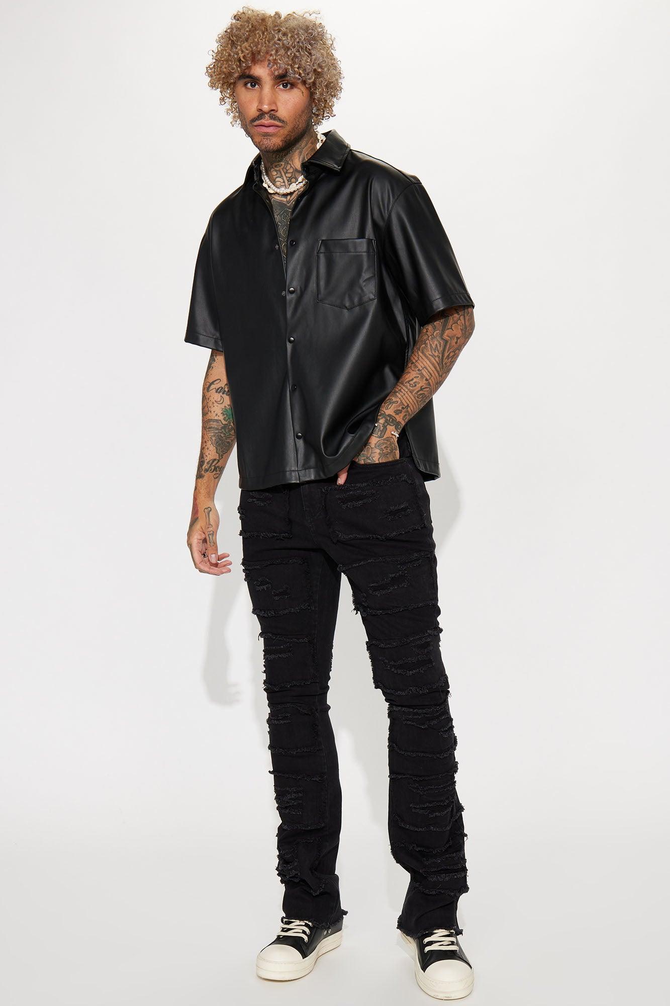 Shredded Stacked Skinny Flared Jeans - Black Wash Product Image