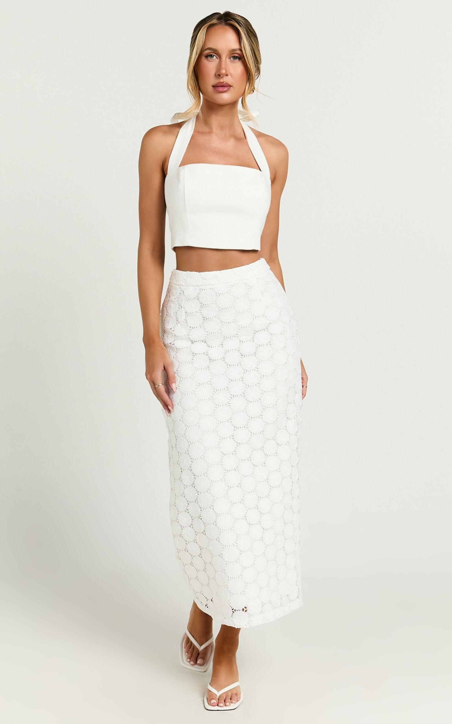 Wendy Midi Skirt - Broderie Lace High Waist Skirt in White Product Image