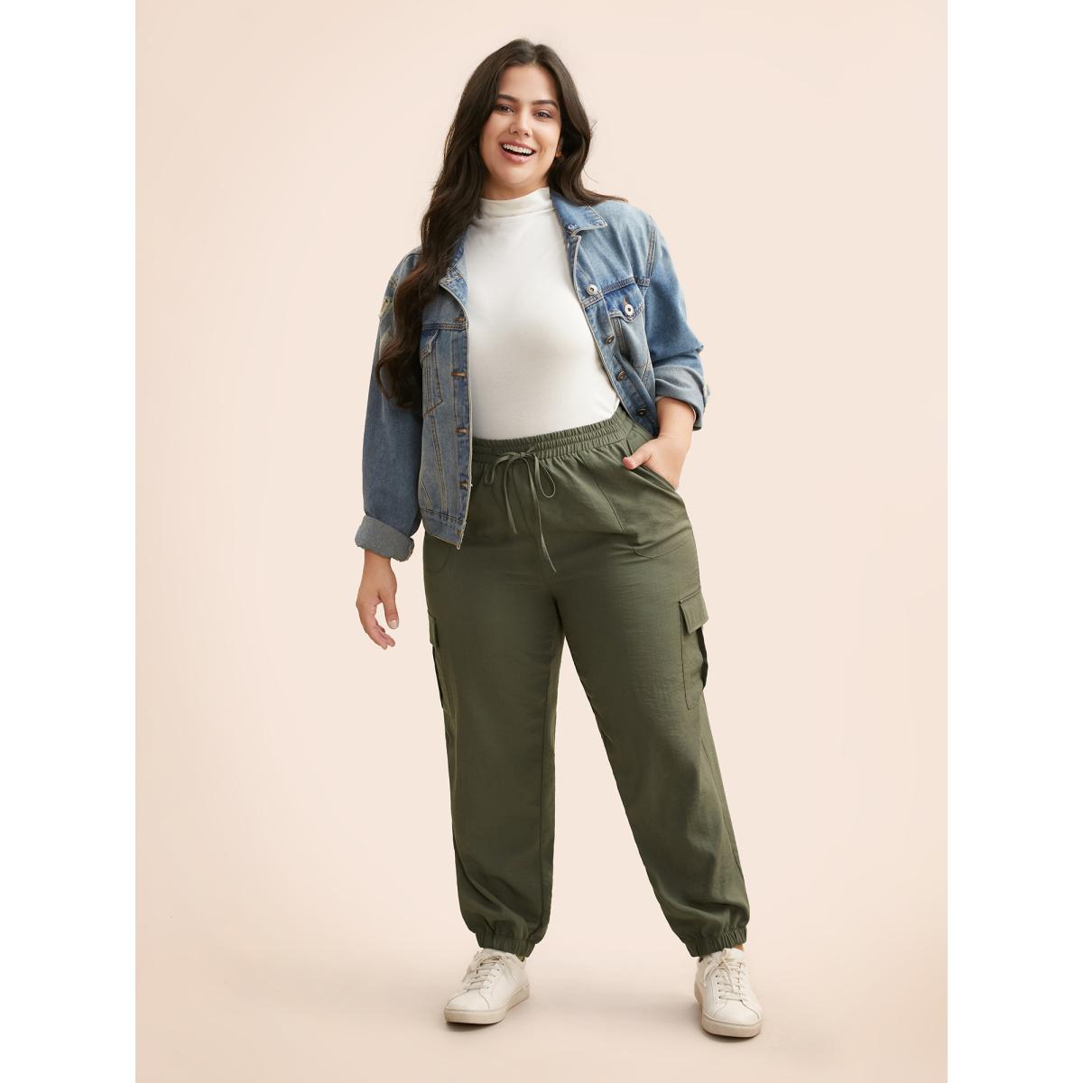 Plus Size Mid Rise Patched Pocket Drawstring Pants Women ArmyGreen Casual Mid Rise Everyday Pants BloomChic 12/L Product Image